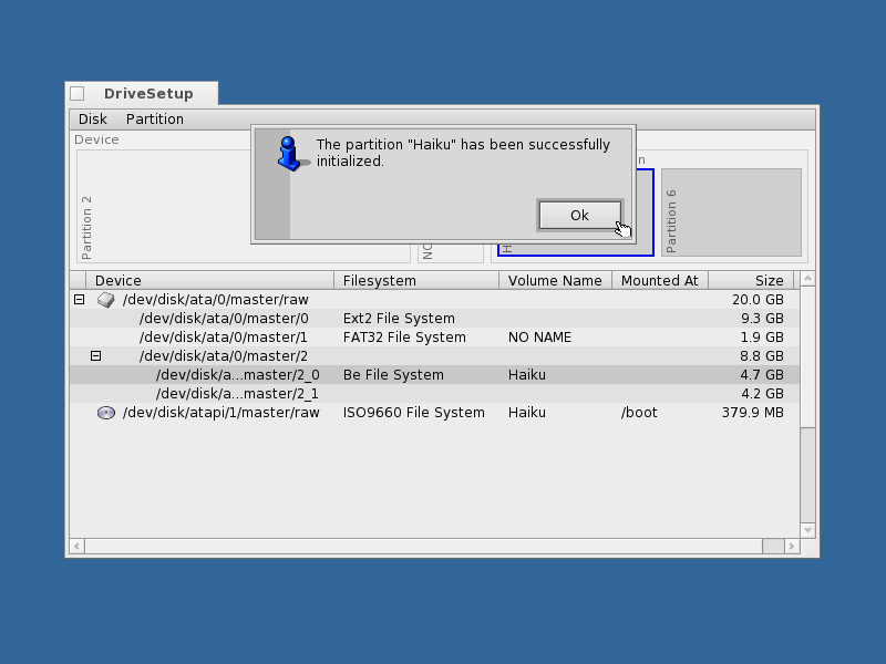 The partition has been initialized to the Be File System